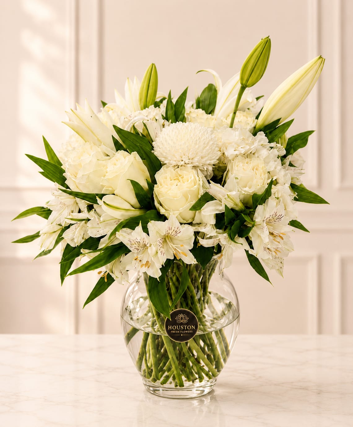 white lilies with roses - Beautiful white bouquet with different types of flowers.