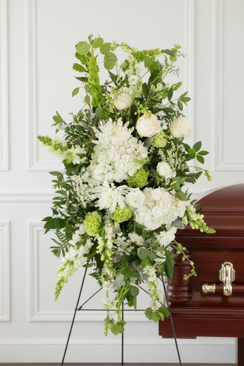 White Traditions Spray - A timeless expression of peace and remembrance, this standing spray features a graceful mix of seasonal white blooms, thoughtfully accented with fresh greenery. It is presented on a stand and serves as a beautiful tribute to honor and celebrate a loved one’s life.