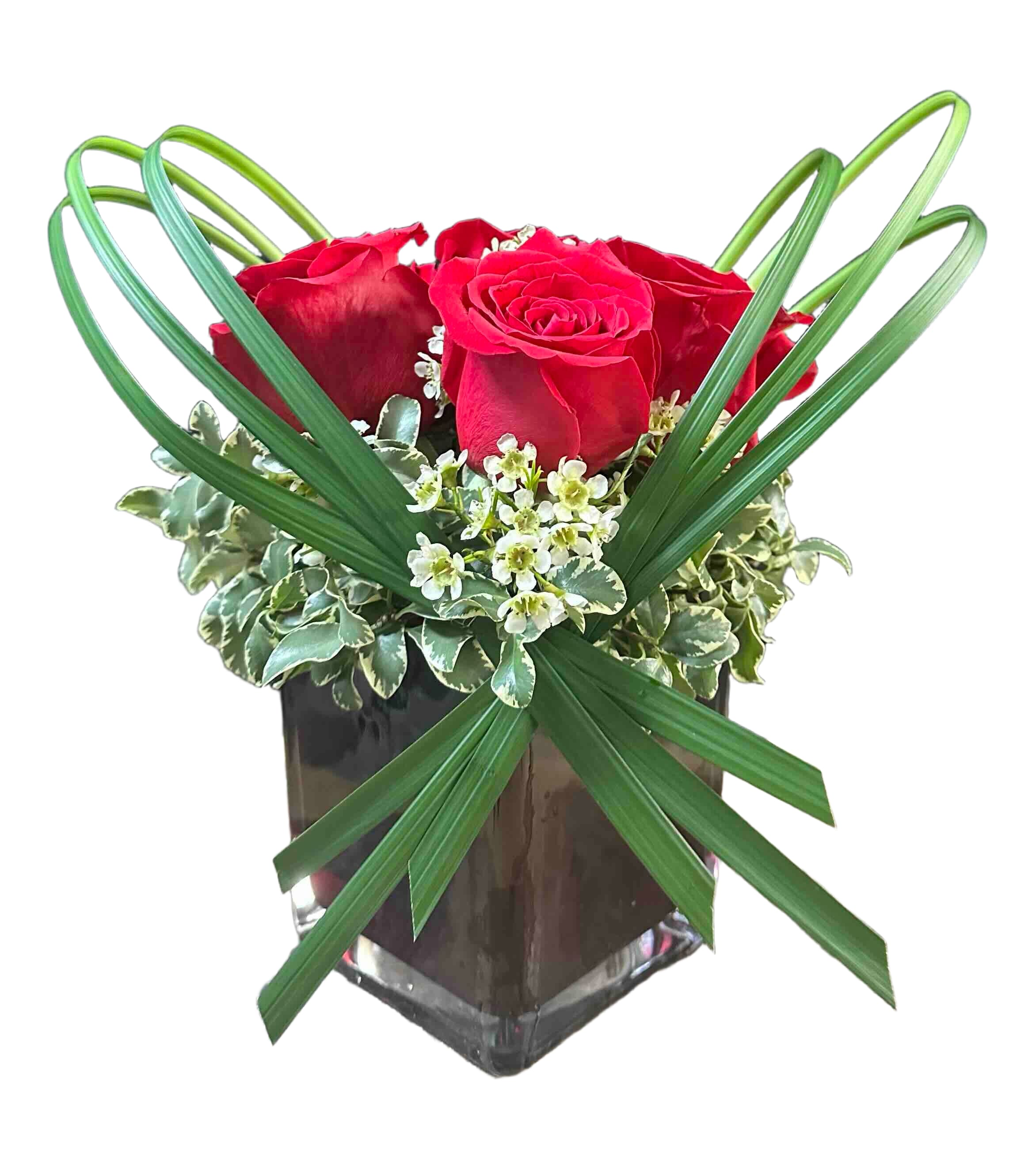 Shazam  - Fun, modern arrangement of roses with lily grass, waxflower and greens