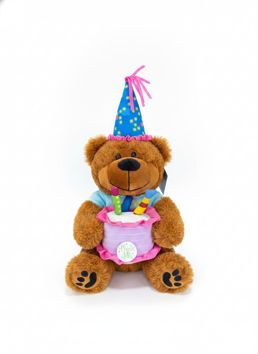 Musical Happy Birthday Bear - A cuddly brown teddy bear dressed for a birthday celebration greets the recipient with playful charm-perfect as a birthday gift or a cheerful "thinking of you" surprise for a child. This musical happy birthday bear makes a joyful impression for birthdays and milestone celebrations, sending a lighthearted message that will make the person you're thinking of smile the moment they see it.  The plush bear wears a blue cone party hat trimmed in pink and holds a small toy cake decorated in pastel pink and lavender with candle-like accents, combining soft textures and bright, childlike colors. Though presented as a gift item rather than a traditional floral arrangement, its palette of brown, pink, blue, and purple pairs nicely with bouquets if you choose to add flowers; the bear itself brings an immediate, photo-ready focal point to any celebration.  Choose this musical birthday bear for kids, grandchildren, or anyone who loves whimsical keepsakes-the kind of present that feels personal and playful. It arrives ready to display and comfort; order with same-day pickup or delivery where available to make sure it arrives right on their special day.