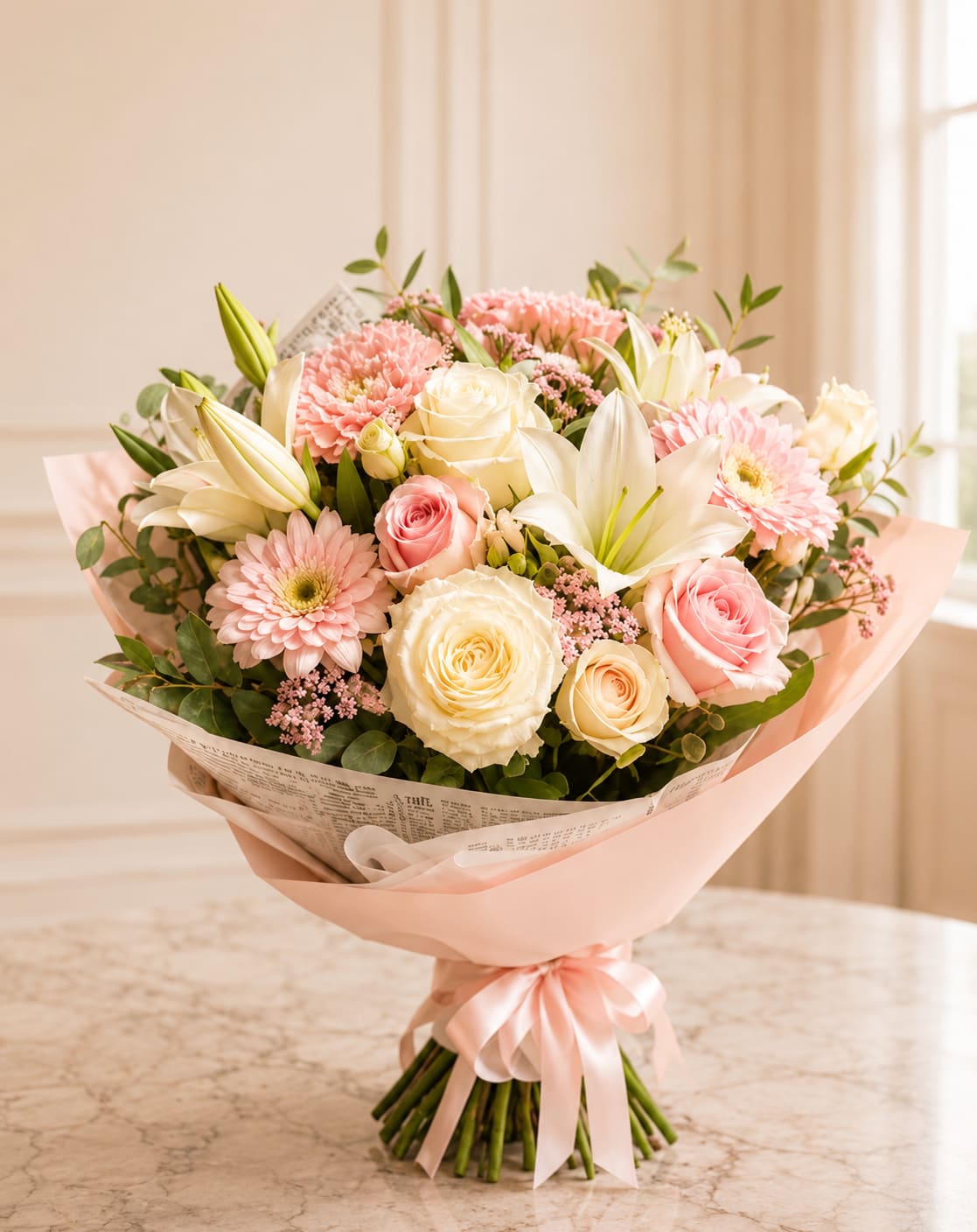Grace Wrapped - Grace is a tender, pastel dream- featuring creamy white lilies, blush roses, delicate gerberas, and soft filler blooms nestled in lush greenery. Wrapped in beautiful paper, this bouquet radiates purity, softness, and timeless elegance. Ideal for moments that call for gentle touch of beauty and heartfelt sentiment. 