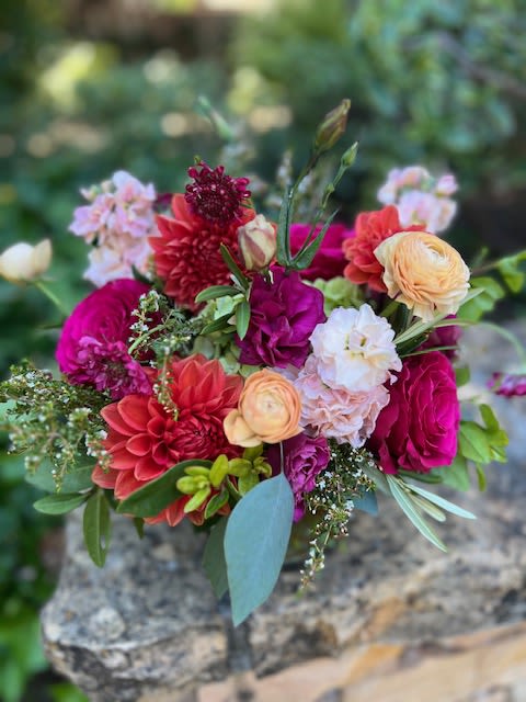 Summer in San Mateo - A vibrant mix of roses, lisianthus, stock, and renunculus in summer colors sure to bring a smile to anyone's face!