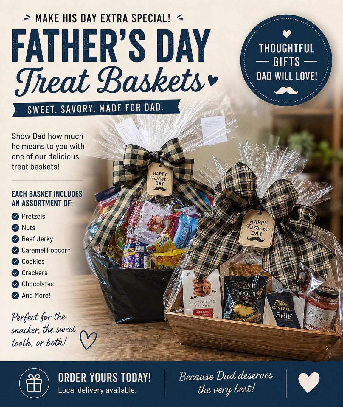Father’s Day Snack Basket by Lotherington’s  -  Looking for the perfect Father’s Day gift? We have you covered! Our Father’s Day Snack Baskets are packed full of delicious sweet and savory treats that Dad is sure to enjoy. From crunchy pretzels and nuts to Canadian-made beef jerky, caramel popcorn, cookies, fudge, chocolates, crackers, and more, there’s something for every snacker! Whether you’re shopping for Dad, Grandpa, a father figure, or that special guy who’s impossible to buy for, let us make gift-giving easy this year. Best part? We deliver!  Let us help you say Happy Father’s Day to all the amazing dads out there! 