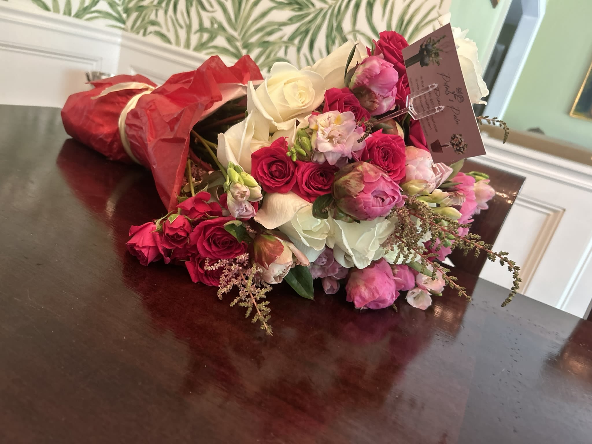 Amore - A variety of Pink ad Red flowers, Roses, Spray roses, Peoneys and many accent peices