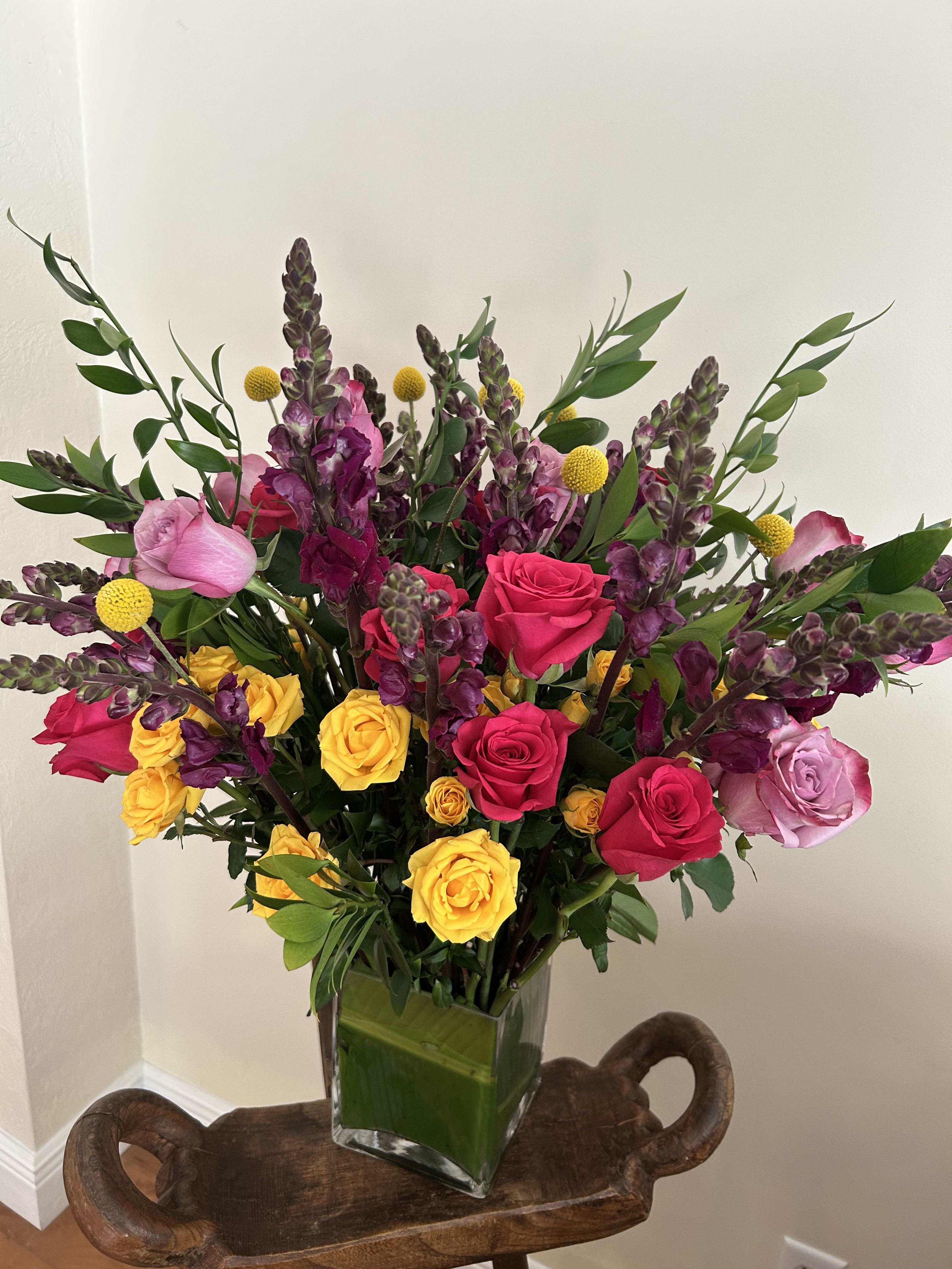 Boom Boom Pop  - Mix of lively colored 2 dozen roses and various pom pom colors and shapes with greens, choice from box shape which is tight and colorful (may not contain all 2 dozen roses)