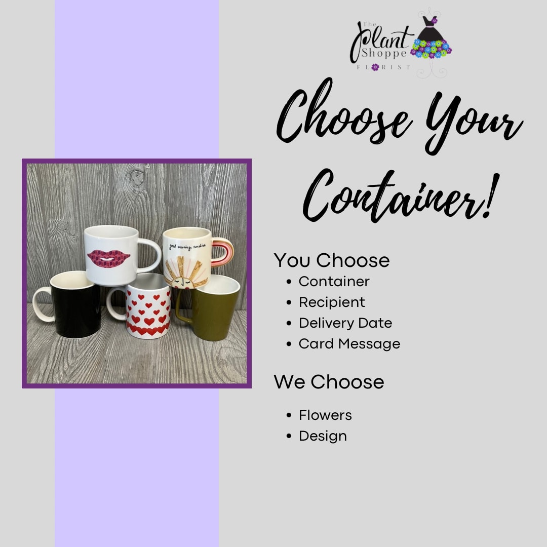 Assorted decorative mugs displayed as container options