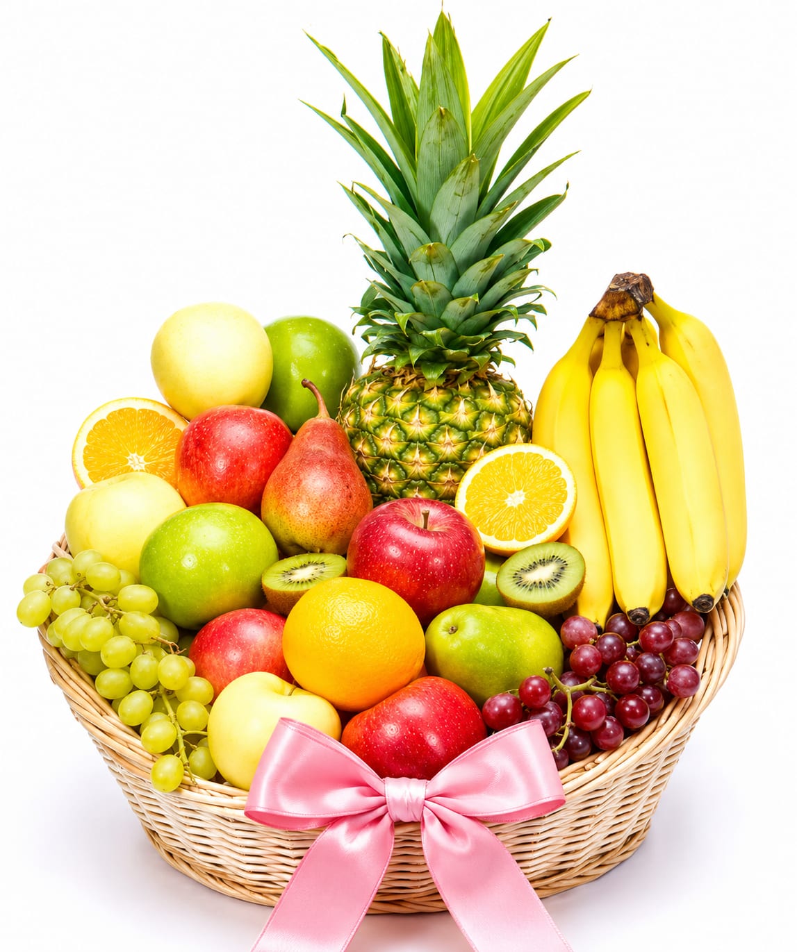 Fresh Fruit Basket - A vibrant, celebratory gift basket perfect for birthdays, get-well wishes, or a thoughtful thank-you-this Fresh Fruit Basket arrives in a shallow wicker basket tied with a wide pink satin bow for an immediately cheerful presentation. The upright pineapple crown creates a striking focal point while the mix of fruit-bright yellow bananas and oranges, green kiwi and pears, red and green apples, grapes, and sweet melon-reads as an abundant, fresh food gift that brightens someone's day.  Carefully arranged for visual impact and easy sharing, the basket's colors and textures-smooth apples, glossy grapes, and the tropical silhouette of the pineapple-make it feel both festive and nourishing for the recipient. The wicker basket and satin ribbon finish the look, giving it a polished, gift-ready appearance that suits celebrations, housewarmings, or a thoughtful surprise when you want someone to feel cared for.  This large fruit basket is designed to be enjoyed immediately and shared at gatherings; it's the kind of present that makes the person you're thinking of feel celebrated and well cared for. No special care is needed beyond keeping the fruit cool and enjoying it within several days for best freshness; order with personalized delivery notes to make the moment extra special.