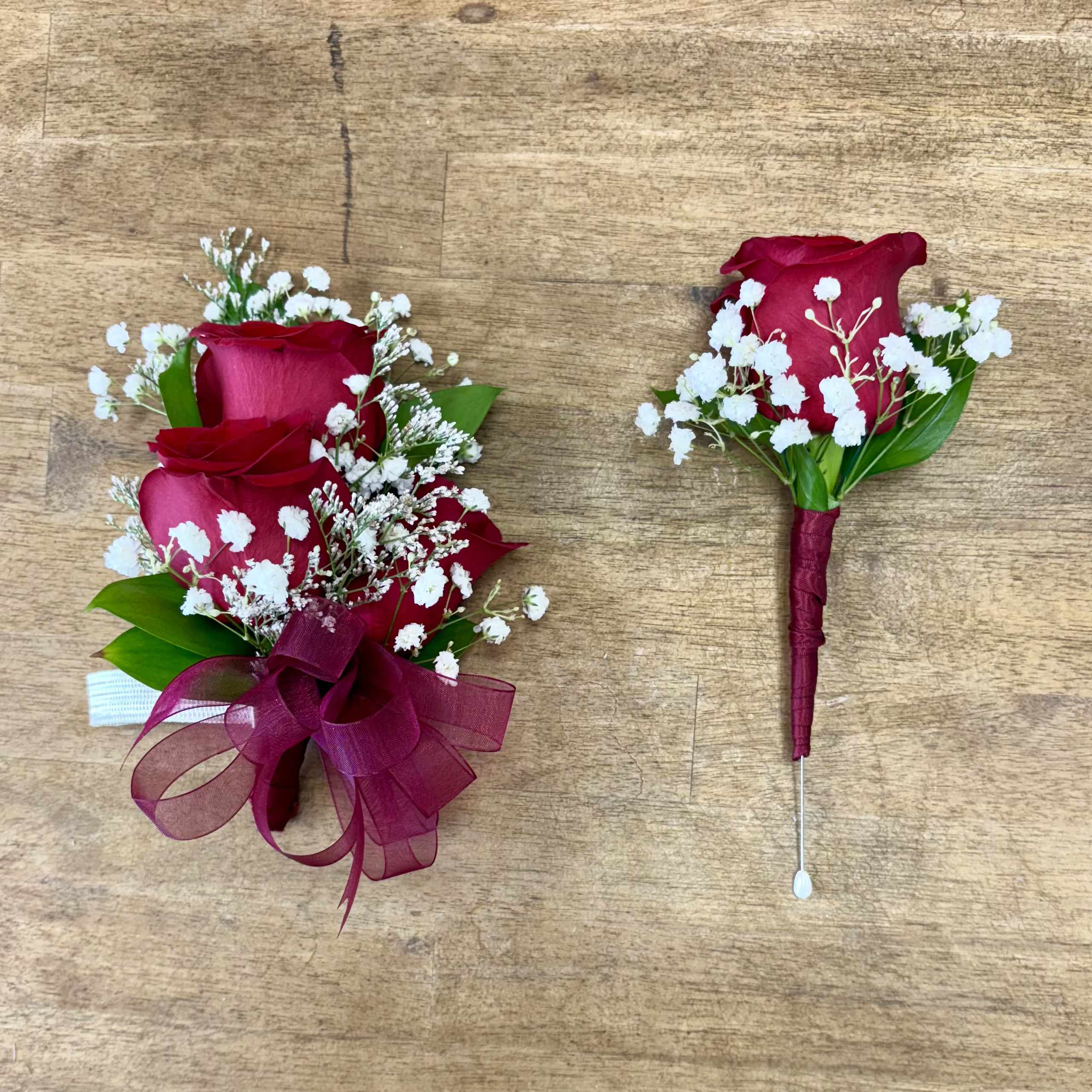 Corsage &amp; Boutonniere Set - Perfectly paired for formal events, our rose-based corsage and boutonnière sets are designed to complement one another in harmony. Ideal for prom couples, bridal parties, or elegant events. Select your flower colors and ribbon details for a coordinated, custom look.  To personalize your Corsage &amp; Boutonniere Set, simply include your preferred flower type, color, and ribbon choice in the "Special Notes" section at checkout. We’ll create a custom piece made just for you.