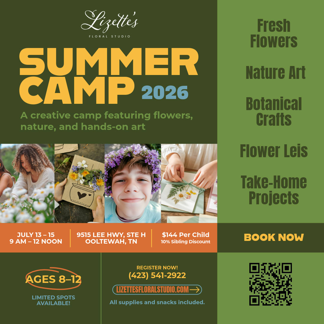 JULY 13-15 Summer Camp 2026 - kids ages 8-12 - Lizette’s Floral Studio Summer Camp 2026 July 13–15, 2026  Let creativity bloom at Lizette’s Floral Studio Summer Camp! Designed for children ages 8–12, this three-day experience invites young artists to explore the beauty of flowers through hands-on design, art, and imaginative play.  Each day, campers will learn the fundamentals of floral design while creating their own arrangements, flower crowns, pressed flower art, nature-inspired crafts, and more. Along the way, they’ll discover color theory, floral care, and the joy of working with fresh blooms in a fun, encouraging environment.  No experience is needed—all flowers, tools, and materials are included. Campers will leave each day with their own floral creations, new skills, and lasting summer memories.   Ages 8–12  July 13–15, 2026  All supplies included  Limited spots available  Join us for three unforgettable days of creativity, connection, and flowers!