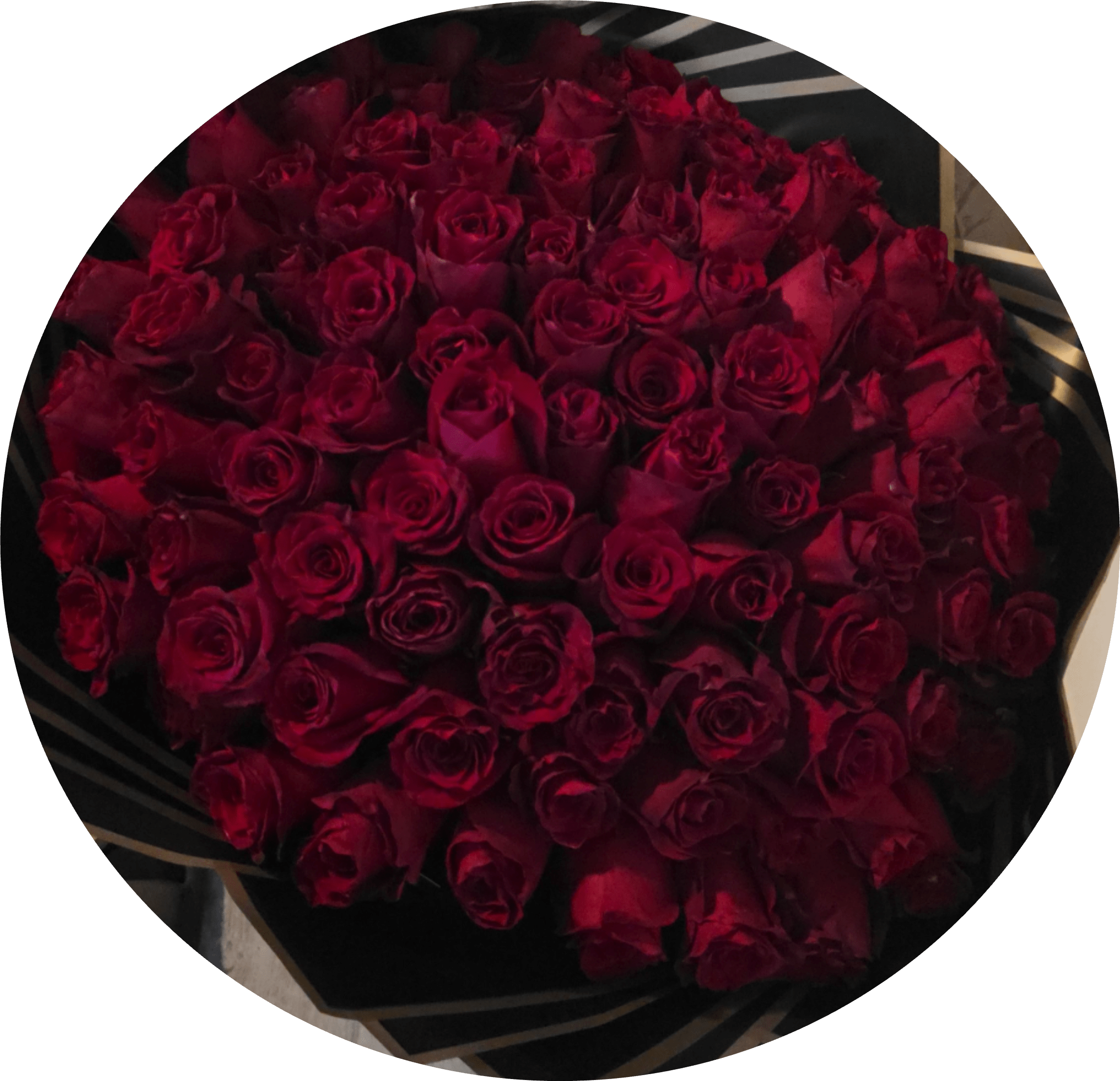 100Red Roses - Two lavish bouquets of roses-one pure white and one deep red-wrapped in dramatic black paper create an unforgettable anniversary or romantic gift. The contrast between the velvety crimson and the crisp white makes this flower arrangement ideal for saying "I love you," celebrating a wedding moment, or marking a milestone where elegance and passion both matter. The presentation reads formal and luxurious, the kind of gift that makes the person you're thinking of feel profoundly seen.  Each bouquet is densely packed with classic roses, the blooms arranged tightly for a rich, rounded silhouette and a velvety texture that invites close admiration. The black wrapping paper with subtle gold edging frames the flowers and intensifies the color contrast, giving the set a couture, high-impact look. This arrangement is perfectly suited for romantic occasions-anniversary, engagement, or a special date night-and arrives ready to present, making it an effortless, show-stopping expression of love.