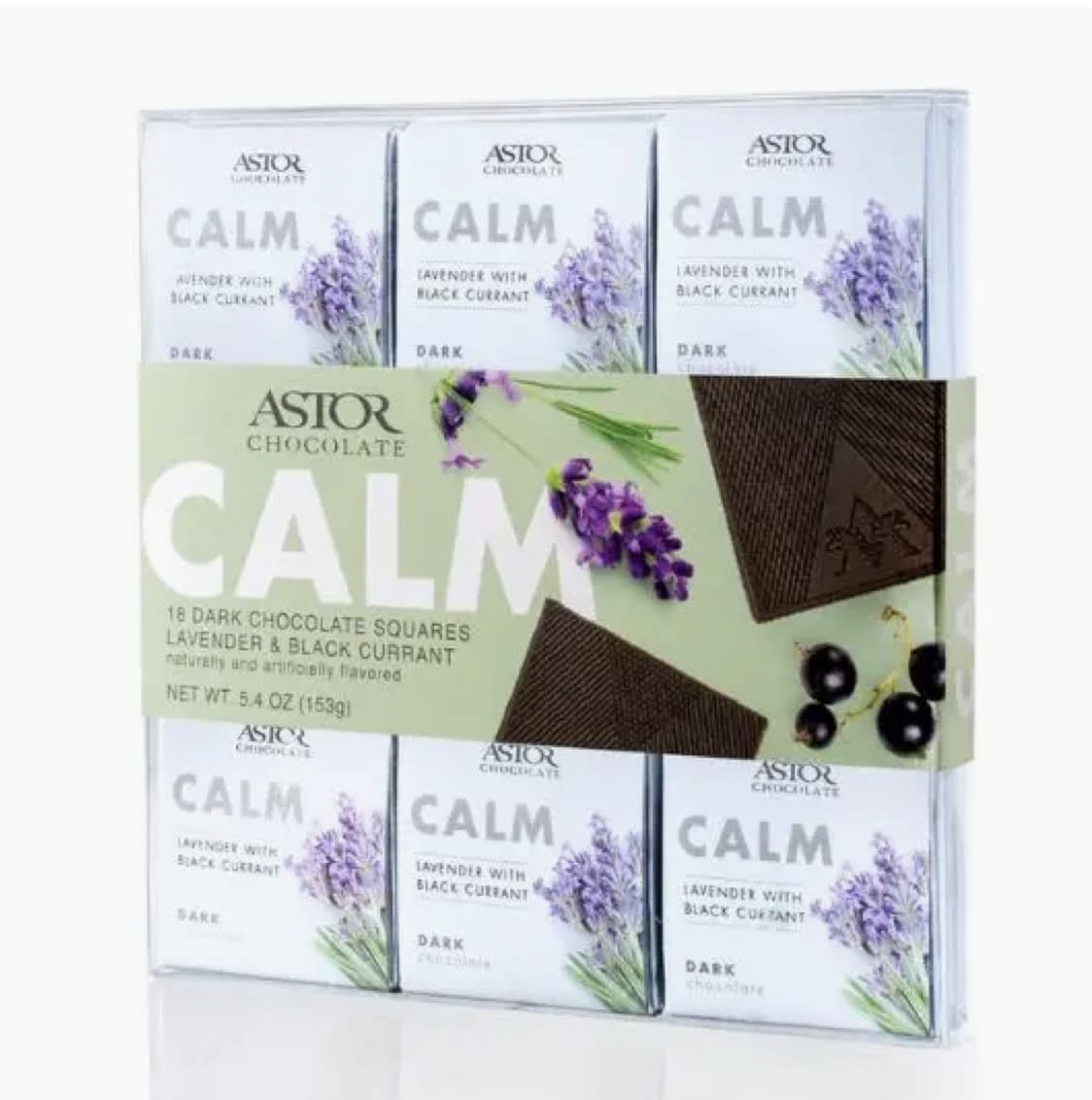 Box of Astor chocolate bars with lavender and black currant packaging