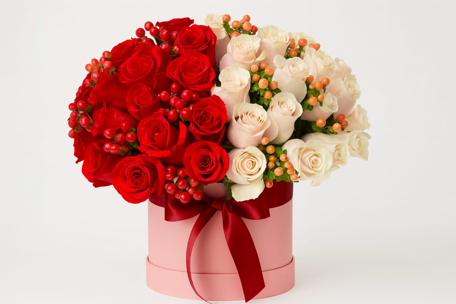 Red and white roses arranged in a pink hat box with a red ribbon.