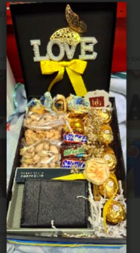 Signature Gentleman's Gift Box - A sophisticated ensemble featuring a Perry Ellis wallet, premium Ferrero Rocher chocolates, assorted snacks, and elegant floral accents with a decorative "LOVE" topper.