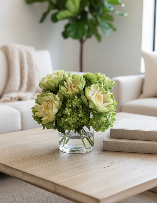 ENVY - This design features lush green hydrangea and fabulous VEGGIE green roses among other flora.. 