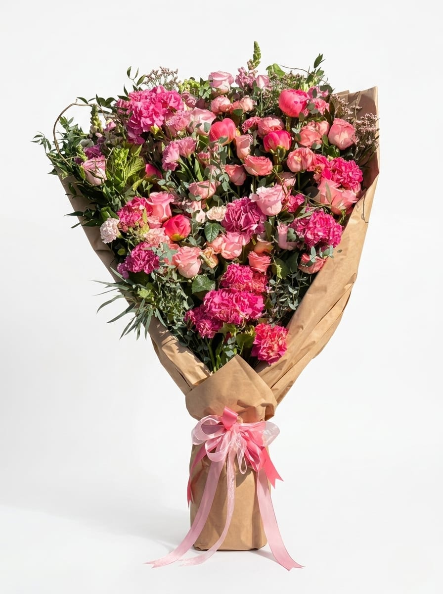 The Meadow’s Majesty by The Flower Spot™ - A lush cascade of pinks that reads like a hand-picked garden - this large hand-wrapped "100 stems" of premium flower arrangement blends premium roses, lush peonies, pink hydrangeas, lisianthus, carnations, snapdragons, and delicate garden roses nestled among fresh, textured greenery like eucalyptus and wispy sprigs to create a romantic birthday bouquet or love-and-romance gesture that feels both joyful and carefully curated. The design's mix of soft blush, vivid magenta, and touches of white makes the recipient feel truly seen, whether you're celebrating a birthday, saying "I love you," or brightening someone's day.  The Meadow's Majesty features a dense, textured garden-style composition: premium roses and carnations layered with delicate filler flowers and wispy greenery for volume and movement. It's finished in a casual-yet-polished brown kraft paper wrap tied with a layered pink ribbon for an artisanal, gift-ready presentation that reads high-end without being fussy. Designed to feel personal and luxurious, each stem is thoughtfully placed by our designer to highlight color contrasts and tactile richness.  Perfect for everyday gifting, anniversaries, or a heartfelt surprise, this arrangement arrives ready to display - simply trim the stems and refresh the water to enjoy. Its generous size and full silhouette make it an unmistakable centerpiece that will make the person you're thinking of feel cherished.