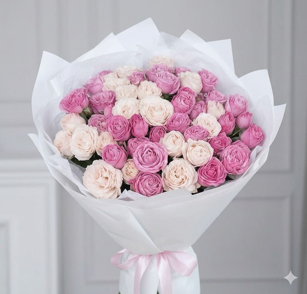 Pink&amp; white Rose bouquet - Tightly packed pink and cream roses form a full, rounded dome that reads as quietly romantic - the perfect birthday bouquet, anniversary roses, or wedding-moment gift for the person you want to make feel cherished. The soft pastel palette and clean white paper wrap give a delicate, airy impression so she'll feel genuinely celebrated the moment she sees it.  Each bloom is arranged close-set for rich visual texture and a classic silhouette; finished with a pale pink satin ribbon for a polished, gift-ready presentation. The compact dome sits comfortably in the hands and travels well, making it an elegant choice for romantic gifting, proposals, anniversaries, or as a thoughtful surprise that says "I'm thinking of you."