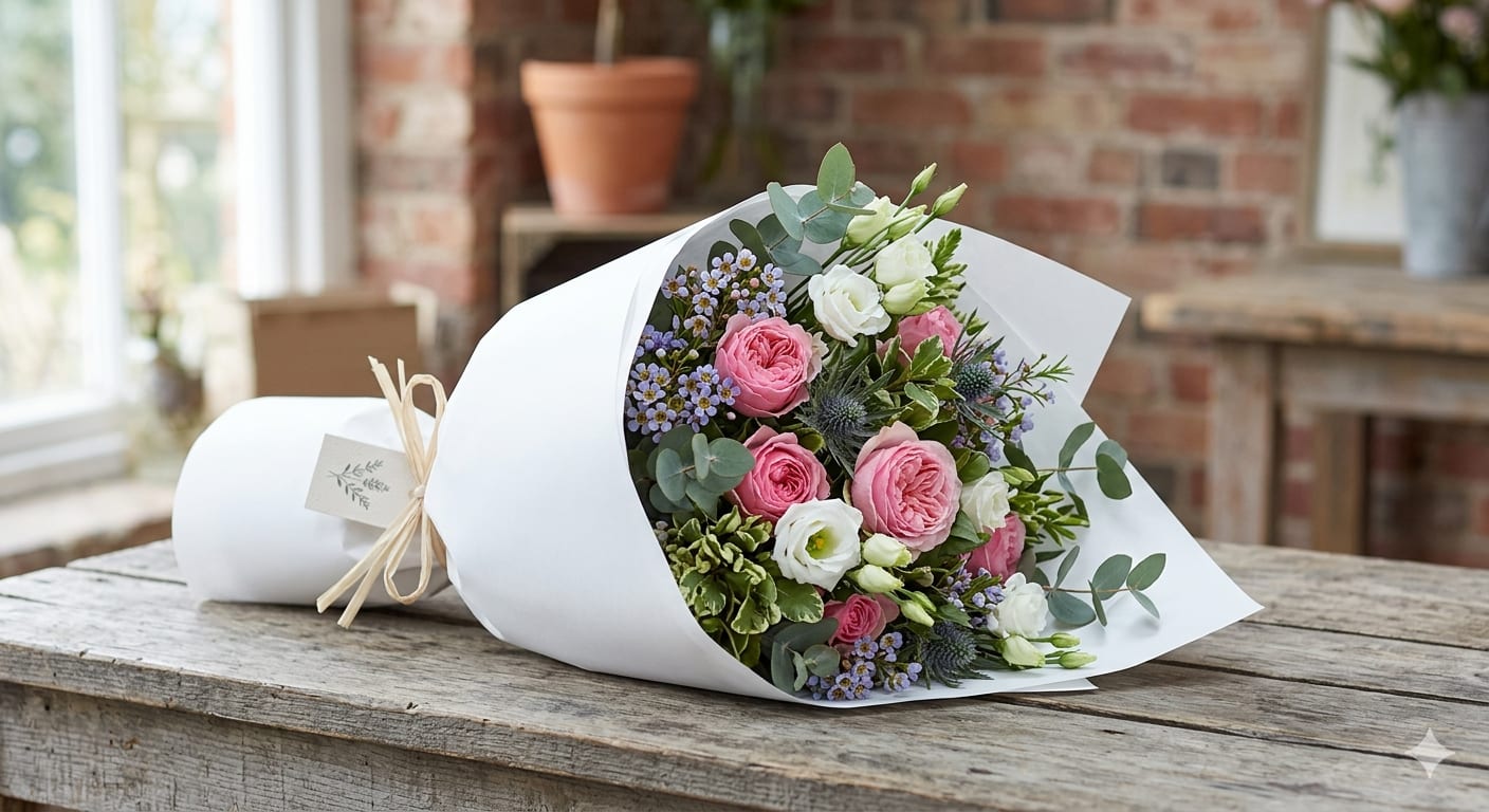 Spring Bouquet - Clustered pink roses paired with soft white lisianthus and delicate lavender filler flowers make this birthday bouquet feel both romantic and effortlessly modern - ideal for birthdays, anniversaries, or simply letting someone know you're thinking of them. The hand-tied styling and eucalyptus rounds lend a fresh, gentle scent and a relaxed, natural silhouette that will make the recipient feel genuinely celebrated.  Wrapped in crisp white paper and tied with twine, the presentation is clean and gift-ready, with a small gift tag included for your personal message. Colors are a soft palette of pink, white, purple, and green; the mix of roses, lisianthus, and petite fillers offers pleasing texture and longevity. This size is designed to be easy to display at home or the office; trim stems and refresh water every other day to extend vase life.