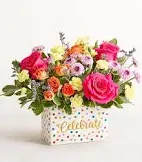 Hooray it's your birthday - Bright hot-pink roses take center stage in this birthday flower arrangement, making it a joyful birthday bouquet that immediately reads as festive and fun. Designed to delight the person you're celebrating, the low, full composition sits in a rectangular decorative gift box printed with multicolored polka dots and the word "Celebrate," so it arrives ready to surprise and brighten someone's special day.  This mixed arrangement pairs those hot-pink roses with yellow and orange flowers, pale lavender accents, white blooms, carnations, daisies and other seasonal stems for a lively blend of color and texture. The casual, colorful styling keeps the look upbeat rather than formal, and the compact rectangular box creates a neat, table-friendly display that's easy to set down and enjoy.  Perfect for a friend, coworker, family member, or anyone turning a year older, this design sends an unmistakable message of celebration and cheer. Because the arrangement is delivered in a decorative gift box, no additional wrapping is needed-simply place on a table or countertop and enjoy; to keep blooms fresh, change the water daily if you transfer them to a vase and trim stems lightly.