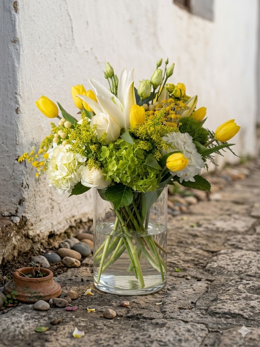Tulip, rose hydrangea  arrangment - Bright yellow tulips take center stage in this spring bouquet, paired with white lilies and roses for a fresh, celebratory look - perfect as a birthday bouquet, spring anniversary gift, or cheerful get-well arrangement. The bright-and-airy palette of yellow, white, and soft green immediately reads joyful and hopeful, the kind of display that makes the person you're thinking of feel truly seen.  The arrangement is presented in a clear cylindrical glass vase that highlights the stems and keeps the design feeling clean and modern. Pale hydrangea blooms and small yellow filler flowers add soft texture and lively contrast among the tulips and roses, while leafy green accents give depth and a natural finish. Sized to sit elegantly on a dining table or desk, this composition is low-maintenance: change the water every 2-3 days, recut stems at an angle, and keep away from direct heat to extend the life of the flowers.