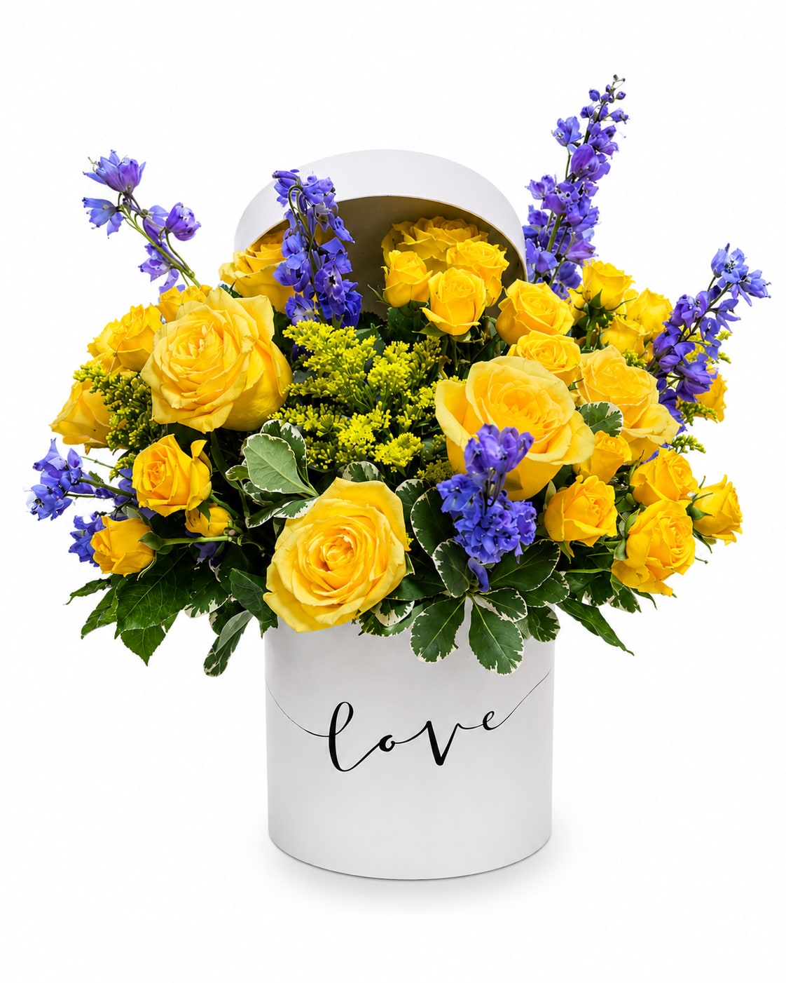 Sunshine &amp; Sapphire Hatbox - Sunshine &amp; Sapphire Hatbox – Bright yellow roses accented with purple delphinium and fresh greenery in a stylish white hatbox. A stunning design that brings warmth, joy, and elegance to any occasion.