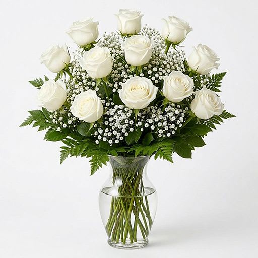Dozen Stemmed  Roses - White - Arrangement of white roses with airy white filler, arranged in a clear glass vase with visible stems