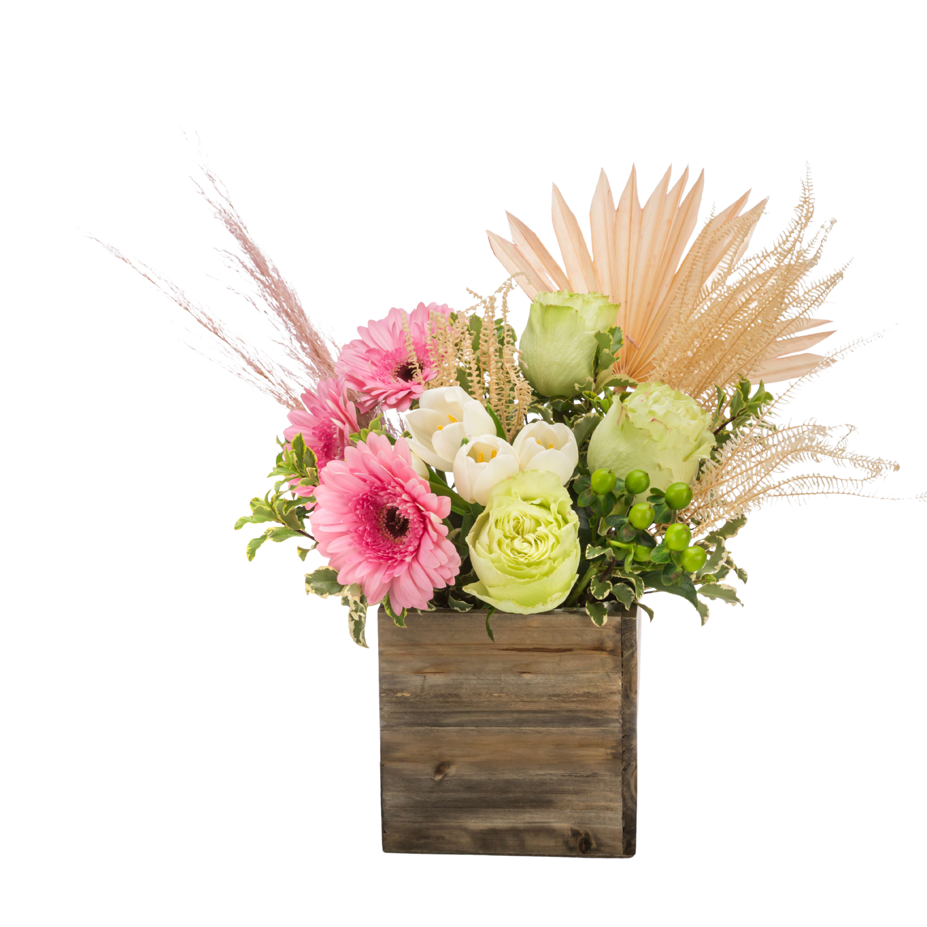 Boho Breeze - A boho styled arrangement featuring an eclectic mix of flowers and textures, a mix of fresh and dried elements this arrangement is a very trendy gift for many different occasions. Perfect to pair with a Hammonds Chocolate Bar or one of our Teaspressa cocktail mixers!  Containers and dried elements may vary upon availability.  
