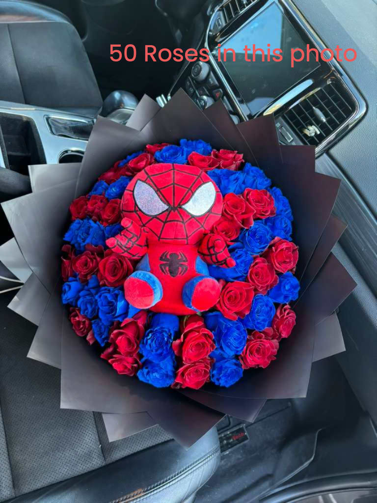 Bouquet of red and blue roses with a Spider-Man plush centerpiece