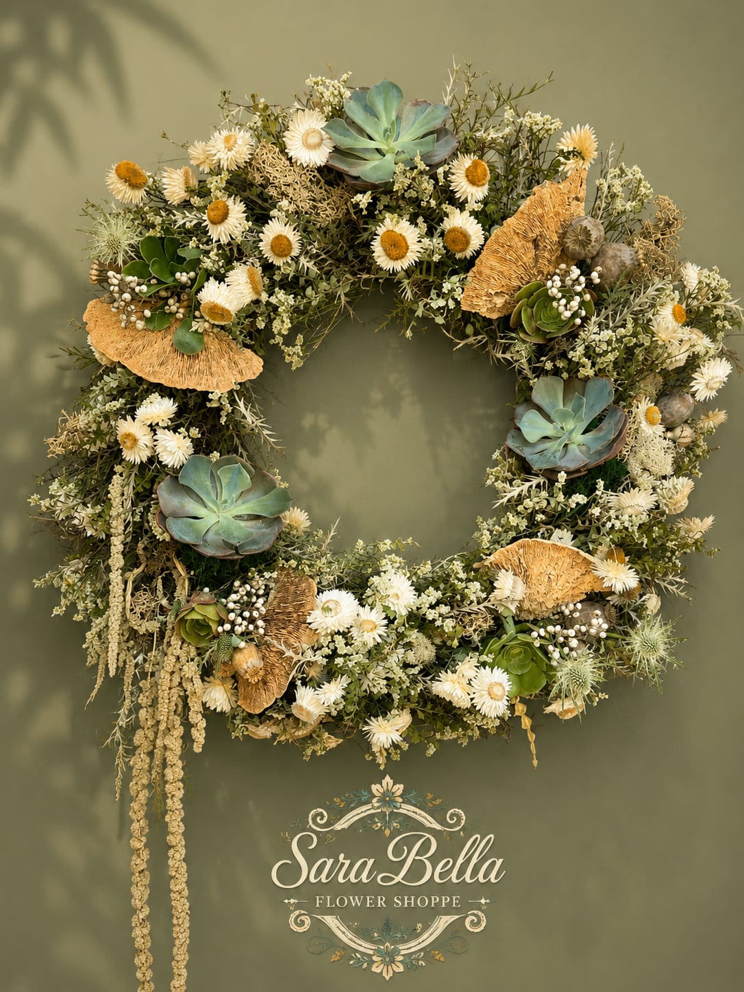 Rustic Succulent Wreath - “A nature-inspired wreath featuring soft succulents, delicate daisies, and textured botanical accents. Designed with organic charm and earthy elegance, it brings a fresh, welcoming touch to any door or wall.”