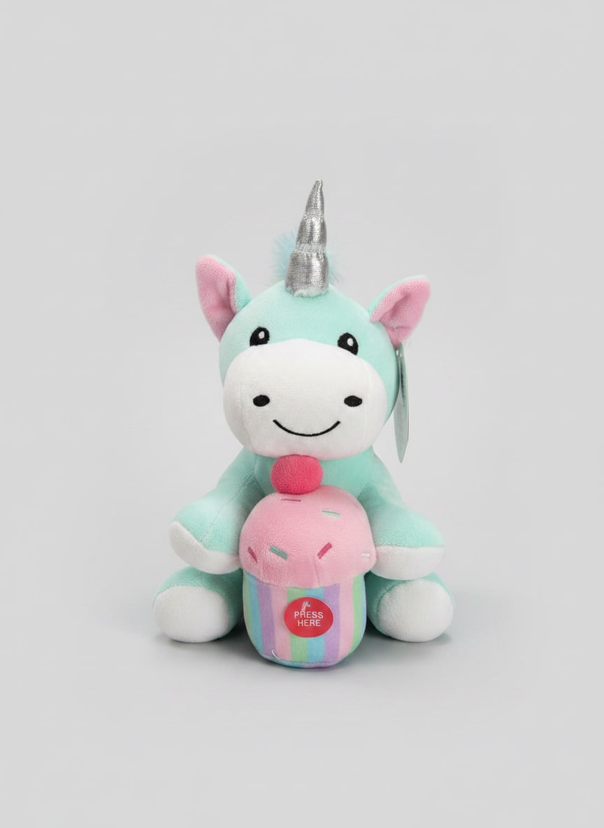 Birthday Musical Unicorn plush - Pastel green musical unicorn plush makes a whimsical birthday gift for kids and anyone young at heart. This birthday plush pairs a soft pastel unicorn with a stuffed cupcake toy to create a playful presentation that says "celebrate" - perfect for birthday bouquets, party favors, or a get-well cheer when flowers alone won't do.  The unicorn sits upright with a silver metallic horn, pink ears, a white face, and a rainbow mane and tail in shades of pink, blue, purple and white. It holds a small cupcake-shaped plush with pink frosting, striped sides and a red "PRESS HERE" label that activates a cheerful tune. The candy-colored palette and plush textures give it a cuddly, child-friendly look that complements floral gifts or can stand alone as a keepsake.  Give this to a child, niece, grandchild, or anyone who loves unicorns - she'll feel celebrated and seen when this bright, cheerful character arrives. Sized as a small plush keepsake, it pairs beautifully with pastel roses or a spring bouquet; note the cupcake toy includes the musical element activated by pressing the labeled spot.