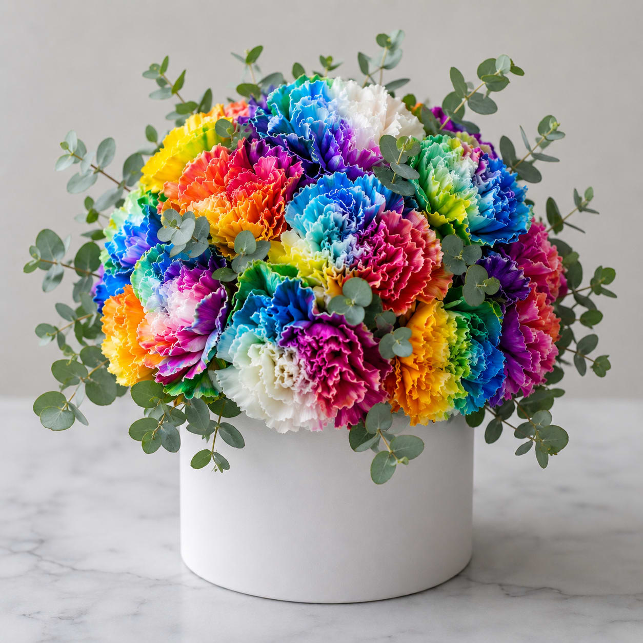 Prism - A dome of ruffled carnations dyed in a bright rainbow makes an immediate, joyful statement - the perfect birthday bouquet or congratulations arrangement for someone who loves color. Packed into a sleek white round hat box with airy eucalyptus spilling around the edges, this mixed-color carnation design reads playful and modern; it's also a natural pick for Pride gifting or a "just because" surprise that will make the person you're thinking of feel celebrated.  Each arrangement is a dense, rounded cluster of carnation blooms in a wide palette (blue, purple, pink, red, orange, yellow, green, and white) set low in a white cylindrical/round box that lets the vivid hues pop. The eucalyptus adds soft texture and movement while keeping the overall silhouette tidy and gift-ready. Sized as a low, dome-style box arrangement, it arrives ready to display - no vase needed - and sends a cheerful, colorful message that's right for birthdays, congratulations, or anytime you want to brighten someone's day.