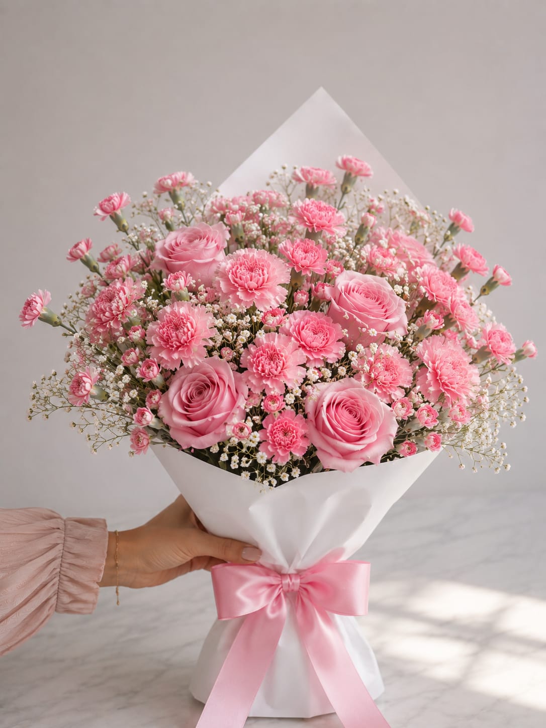 Blush Romance - A soft spray of pink roses and clustered carnations makes this blush-toned bouquet an instant romantic gesture - perfect as an anniversary roses bouquet, a Mother's Day gift, or a Valentine's Day surprise. The rounded, hand-tied style reads feminine and thoughtful, the kind of arrangement that will make the person you're thinking of feel genuinely cherished and celebrated.  Several large pink roses sit at the heart of the design, surrounded by many smaller pink carnations and tiny white filler blooms that add airy texture and a delicate scent. Wrapped in crisp white paper and finished with a wide pink satin ribbon, the presentation is polished and ready to gift. Sized as a full, rounded hand-tied bouquet, it's an ideal everyday or special-occasion choice for birthdays, anniversaries, or simply saying "I'm thinking of you."