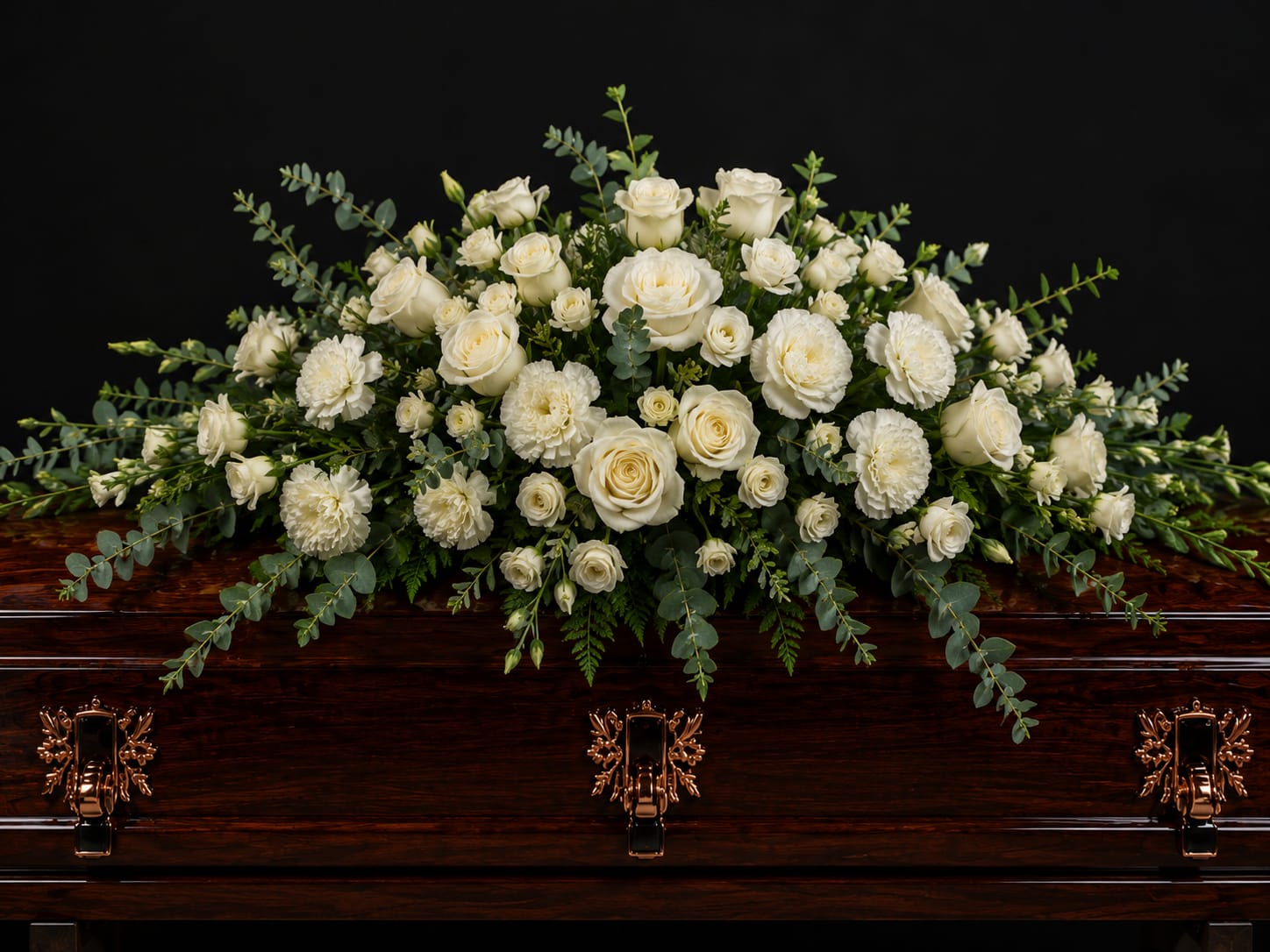 Unforgettable Memory - A wide, low casket spray of white roses and clustered white carnations creates a serene, formal statement for a funeral or memorial service. Laid flat across a dark polished wooden casket, the densely grouped blooms form a soft, horizontal silhouette that reads as reverent and quietly beautiful-a fitting tribute that helps the person you're honoring feel remembered and respected.  The arrangement combines pure white roses and carnations with airy eucalyptus and fern-like greenery for a gentle contrast against the rich wood tone. Its expansive, low profile spreads broadly rather than rising up, measuring to cover the top of a standard casket and providing a balanced, finished look from every viewing angle.  Appropriate for traditional sympathy settings, this spray conveys calm dignity and is meant to comfort family and friends while honoring legacy and memory. Designed for placement on a dark wood or wooden casket, it arrives ready to lay in place with minimal handling; please allow the florist to confirm sizing for nonstandard caskets or special service needs.
