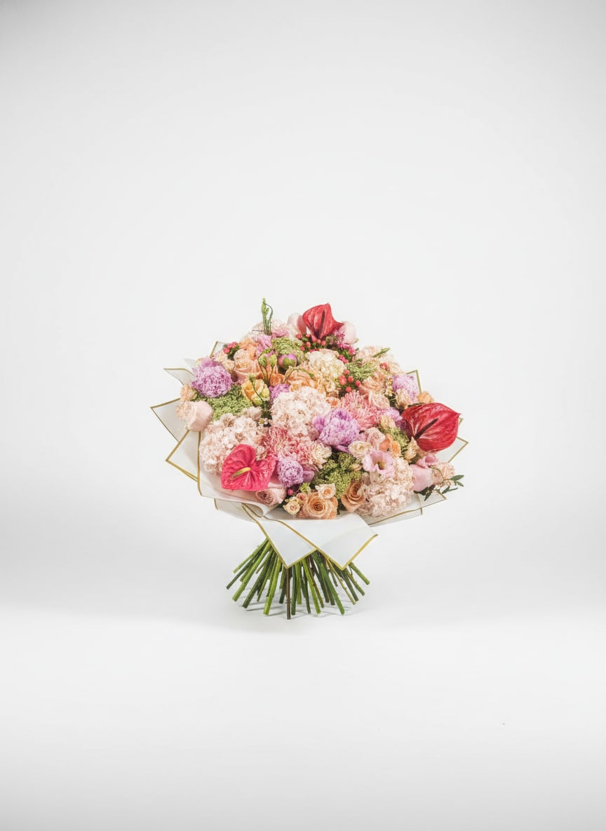 Rosé Opulence - Featuring a lush medley of premium seasonal blooms in dreamy blush, champagne, and soft rose tones, this arrangement is artfully layered with sculptural textures and signature luxury wrapping for an unforgettable presentation.  Every stem is intentionally placed to create a bouquet that feels soft, abundant, and effortlessly elegant, the kind of flowers that stop people in their tracks. Perfect for milestone celebrations, luxury gifting, anniversaries, birthdays, or simply making someone feel adored.