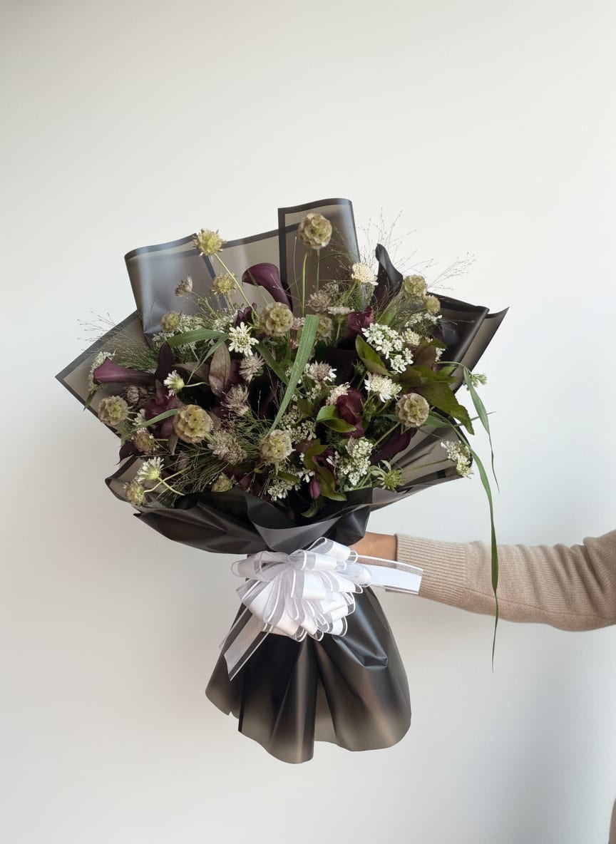Nocturne  - Moody, untamed, and beautifully unconventional. Designed with deep plum calla lilies, delicate textural blooms, wispy grasses, and layered greenery, this bouquet embraces a dark romantic aesthetic with an organic, almost wildflower-inspired feel.  Wrapped in sleek black paper and finished with an ethereal white ribbon, Nocturne strikes the perfect balance between elegance and edge. Its rich tones, dramatic textures, and natural movement create a captivating design for those who appreciate beauty beyond the traditional. Perfect for lovers of dark romance, gothic-inspired celebrations, artistic souls, or anyone drawn to florals with a mysterious allure!
