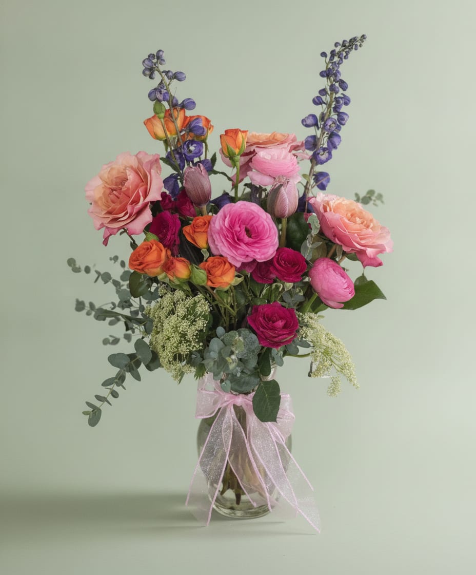 Midnight Blush - Dark tulips, ranunculus, garden roses, delphinium, eucalyptus, and curly willow create a dramatic garden-style arrangement layered with premium blooms