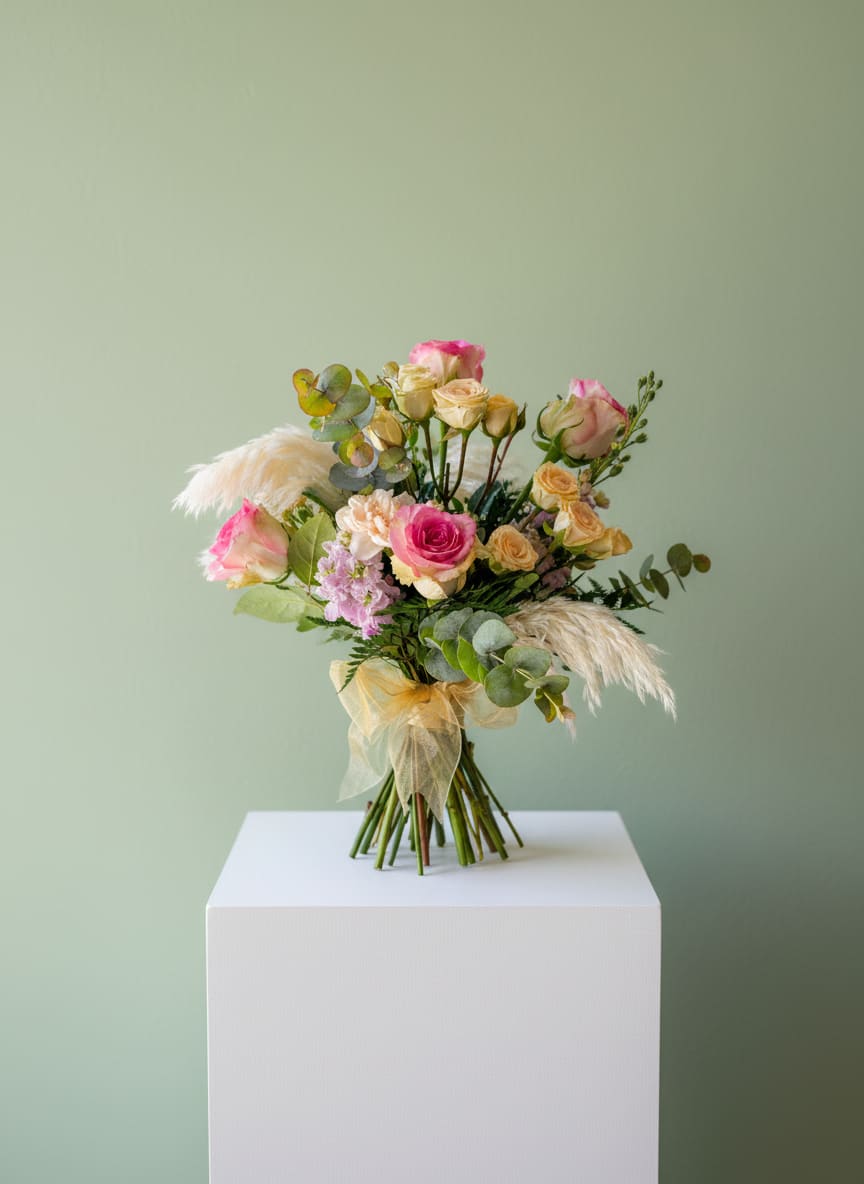 Blush &amp; Bloom - A cheerful garden-inspired arrangement featuring romantic roses, delicate spray roses, soft seasonal blooms, fresh eucalyptus, and airy textures in a beautiful palette of blush, pink, peach, and cream. Designed with natural movement, warmth, and whimsical charm.