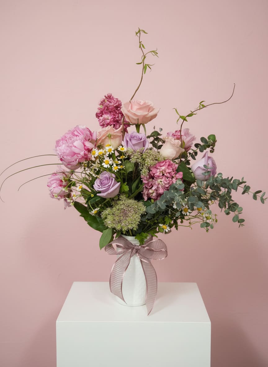 Blushing Meadow - A romantic garden-inspired arrangement featuring soft pink blooms, delicate lavender roses, fresh eucalyptus, and whimsical seasonal textures designed with natural movement and cottage garden charm.