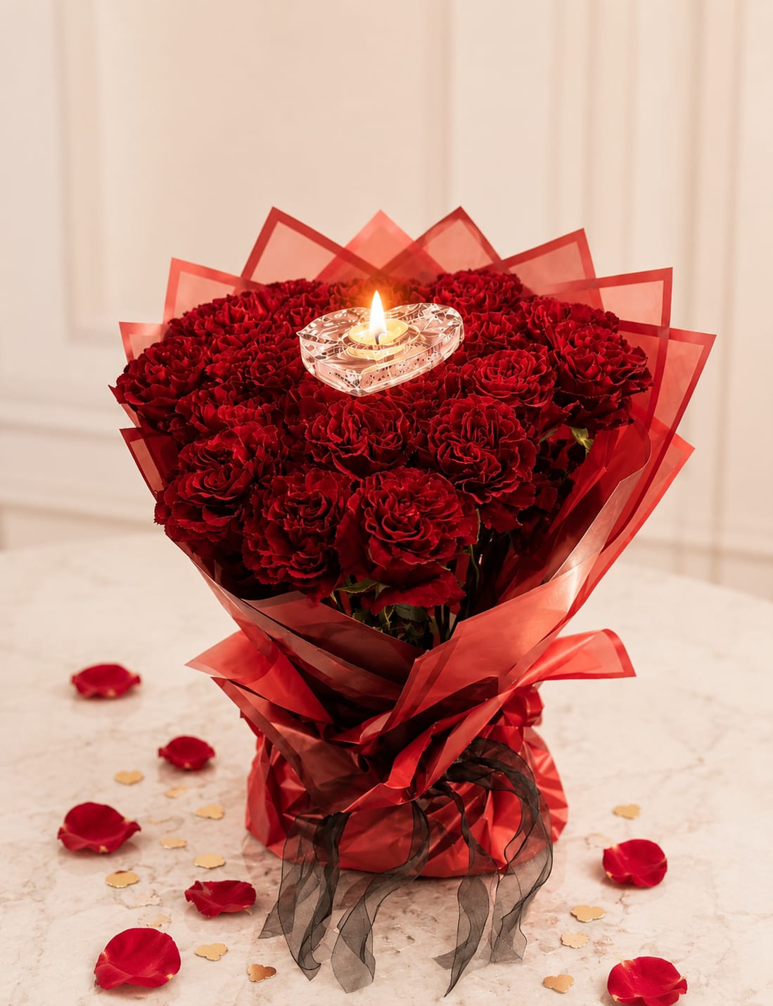 Diamond Burning Bouquet  - PLEASE: use notes section to specify your custom text! This arrangement is a bold expression of Love- intense, elegant, and impossible to ignore. A lush dome of deep red roses forms a perfect heart shape. Multiple shades of roses with sparkling diamonds.