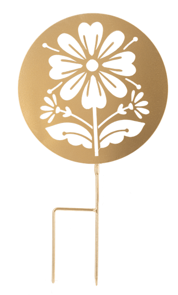 Gold Laser Cut Flower Mini Stake - Gold Laser Cut Flower Mini Stake. Add a touch of charm and elegance to any garden, planter, or outdoor living space with our Gold Laser Cut Flower Mini Stake. Featuring intricate floral artwork in a warm gold finish, these decorative metal stakes bring year-round beauty to flower beds, container gardens, houseplants, and seasonal displays.  Each stake showcases one of three unique floral-inspired designs, making every piece a delightful surprise. Their compact size makes them perfect for accenting potted plants, memorial gardens, fairy gardens, or gift arrangements. Each sale includes ONE mini stake in a mixed floral design selected from available styles  Whether given as a thoughtful gift or added to your own garden décor collection, these decorative stakes provide lasting beauty long after the flowers bloom.  Dimensions: 10" W x 1/4" D x 18" H