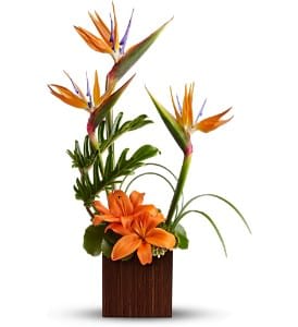 Orange tropical flowers arranged in a tall wooden vase