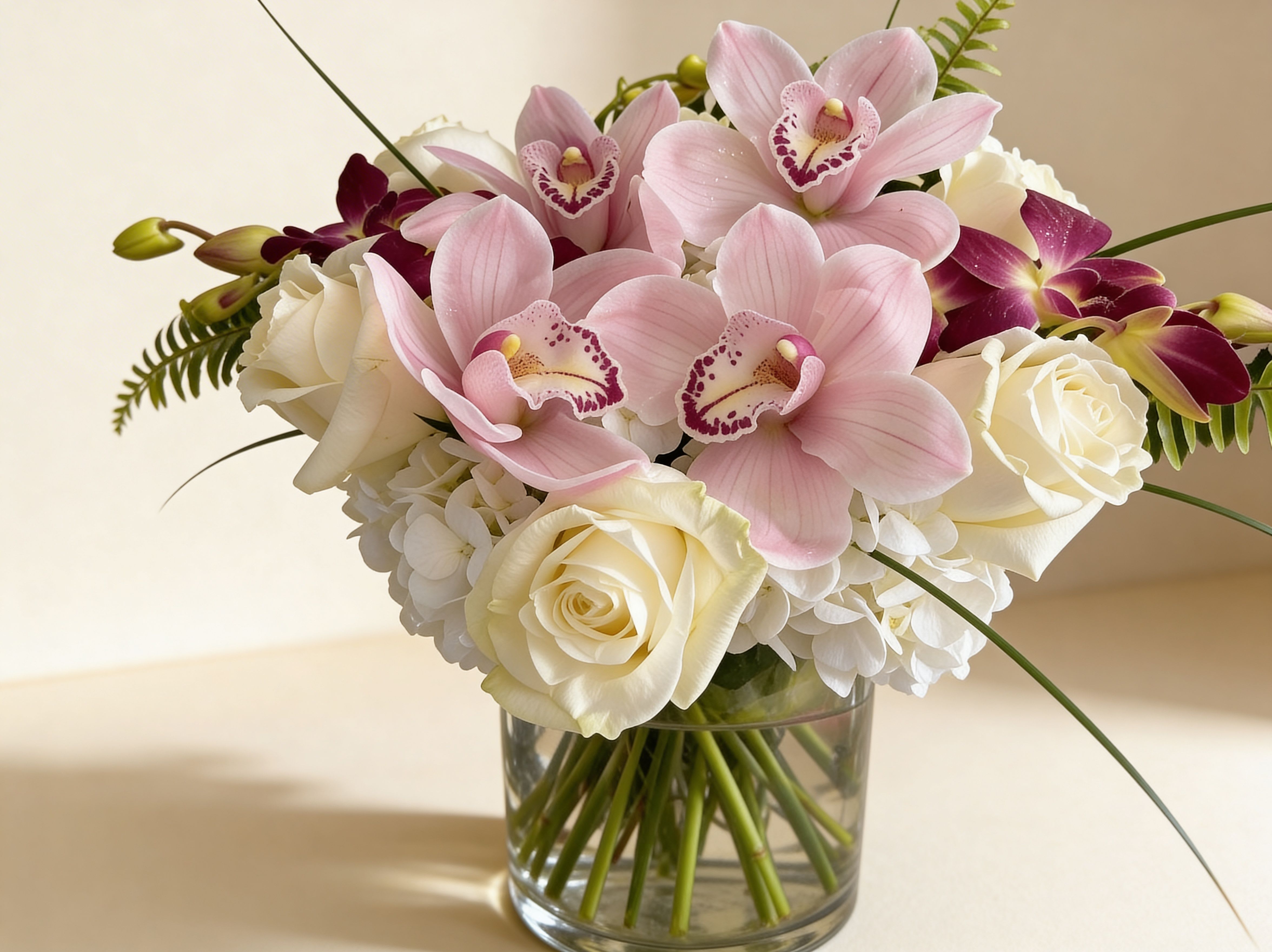 Low arrangement of pink orchids, white roses, and hydrangeas in a clear glass vase