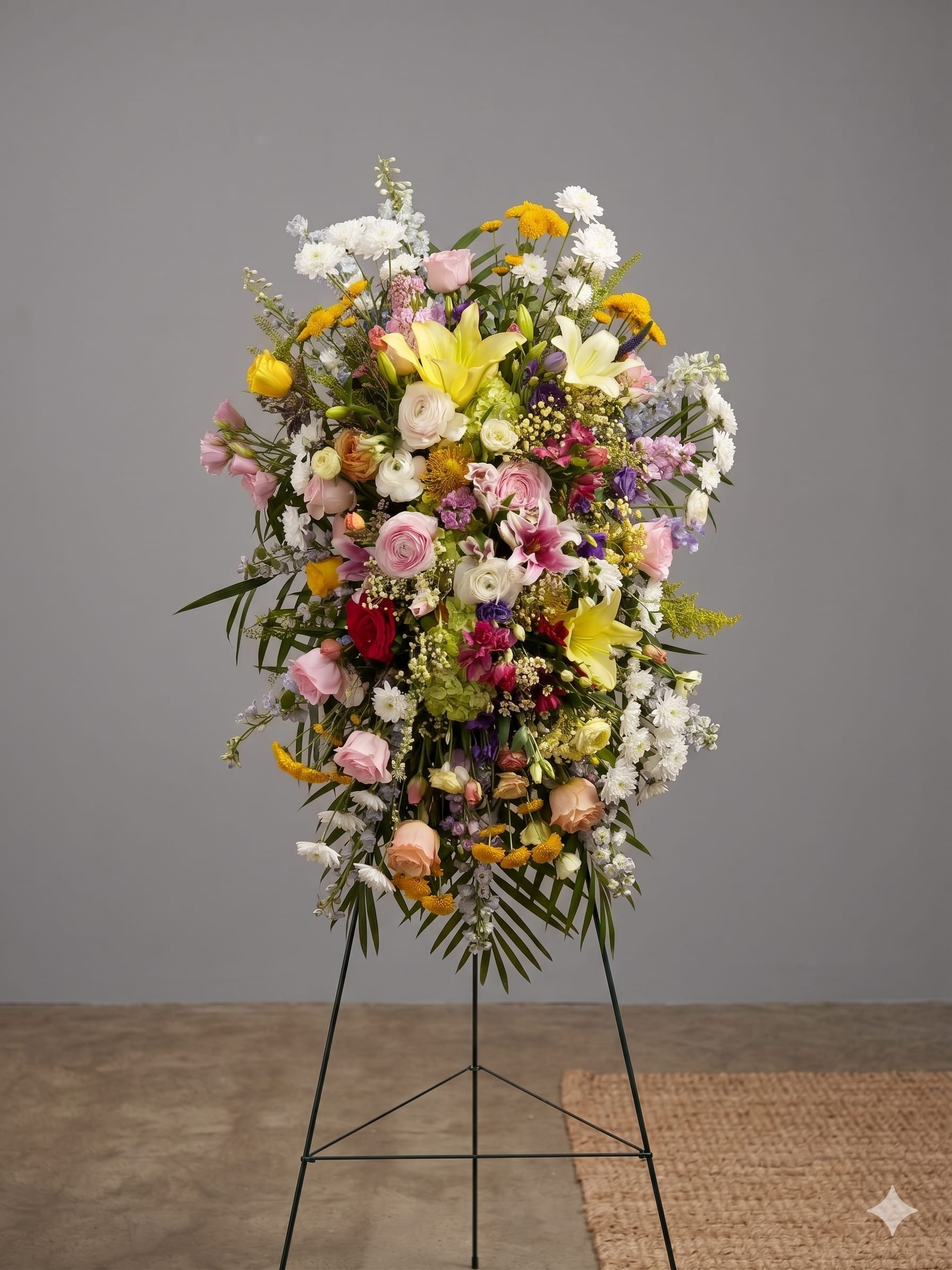 BP81 - Garden of Memories - A lush, garden-inspired spray with a gentle mix of soft and vivid blooms. Created to honor treasured memories and the joyful spirit of a life well lived.