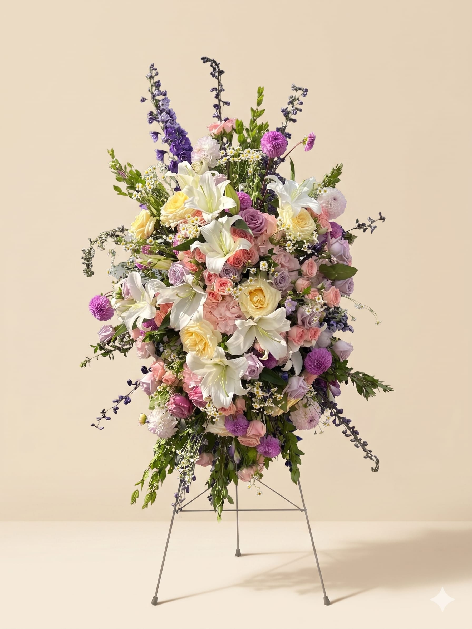 BP57 - Elegant Love - A graceful sympathy spray featuring delicate pastel blooms and elegant white lilies, symbolizing purity, peace, and heartfelt remembrance. A serene tribute to honor a cherished life with love and light.