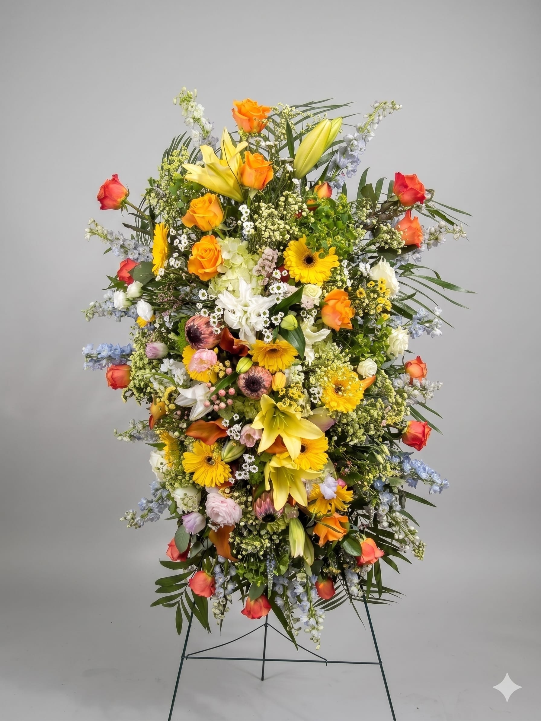 BP103 - Sunlit Tribute - A warm and uplifting spray featuring yellow roses, soft ivory blooms, and gentle greenery. This arrangement symbolizes gratitude, cherished memories, and the enduring light of a beautiful soul.