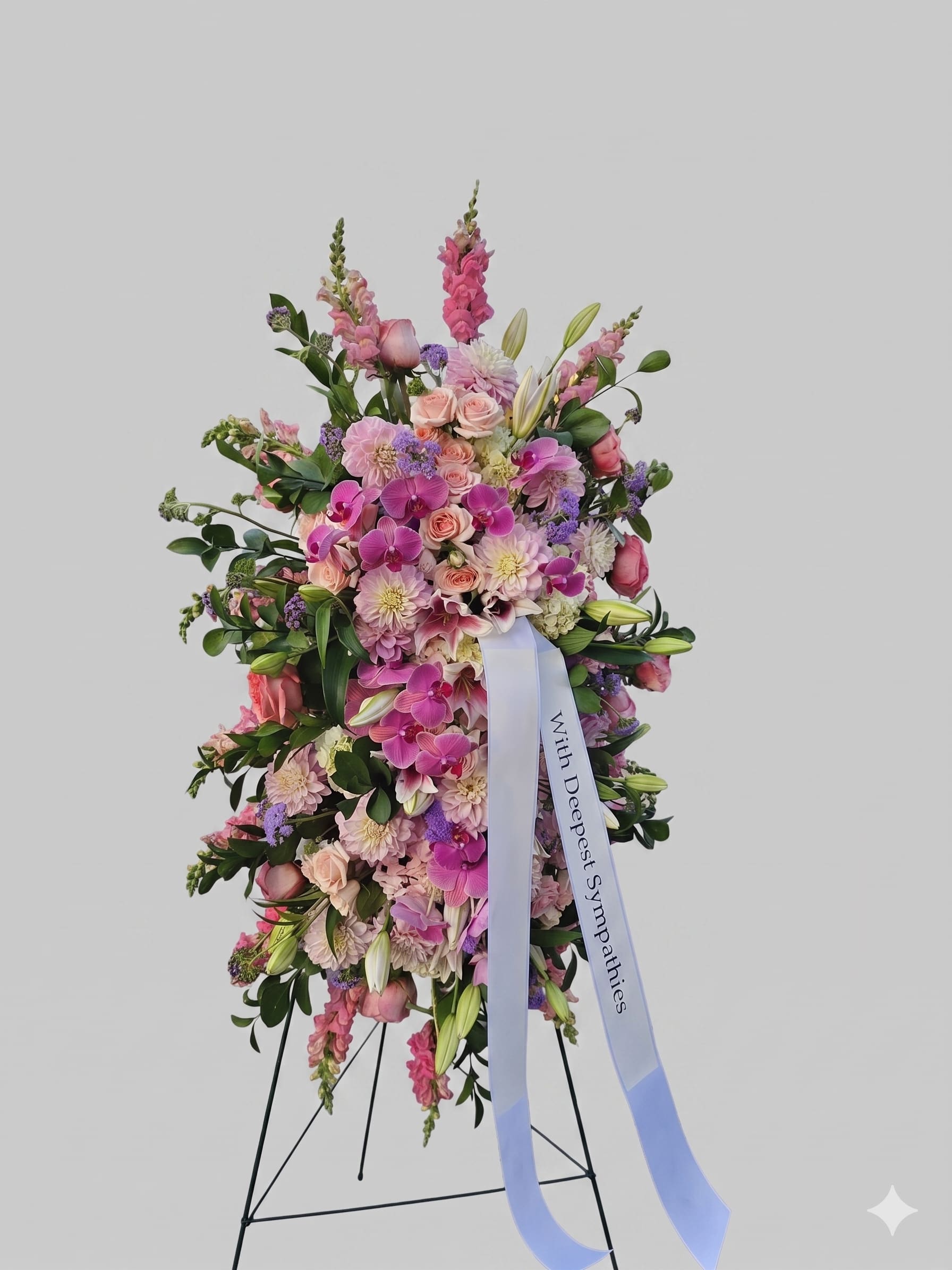 BP100 - Radiant Heart - Vibrant and bold, this standing spray features a stunning mix of orchids and pink blooms, creating a lively and joyful tribute filled with color and beauty.