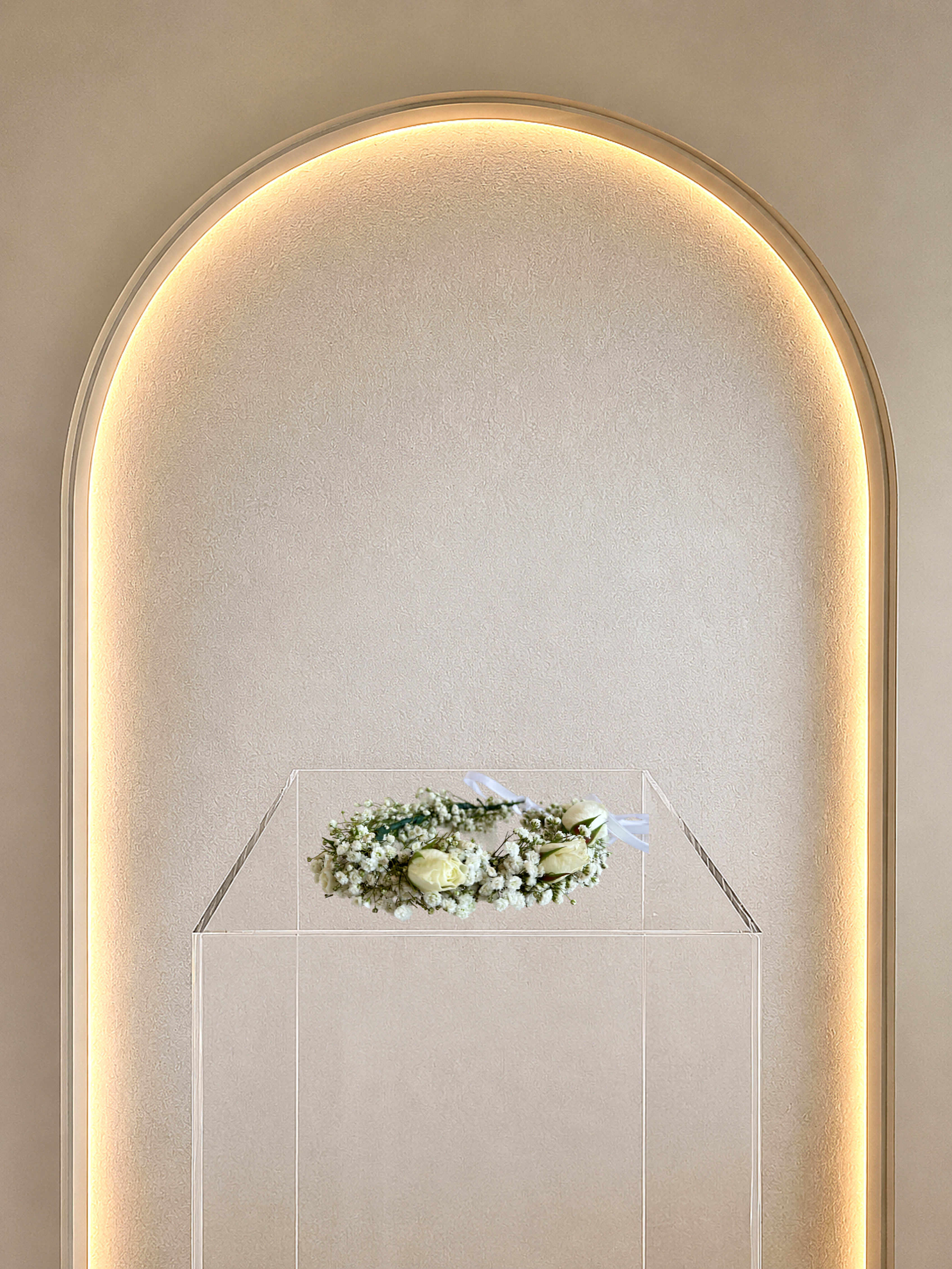 Head Band Baby Breath With Roses - A delicate halo of baby's breath and cream-white roses with adjustable sizing. For more precise accuracy, please include size of head. 