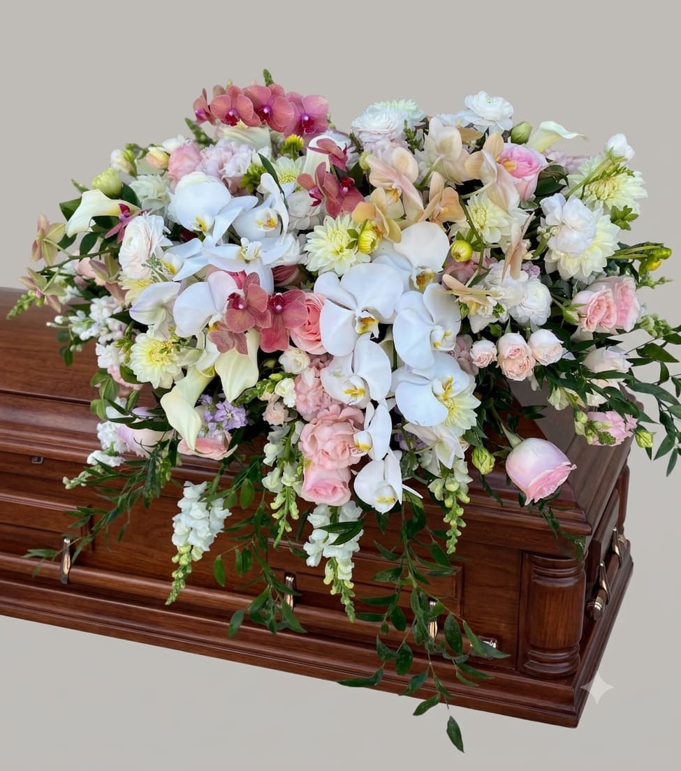 BP85 - In Our Thoughts - A modern and elegant casket spray featuring cascading orchids and warm-toned blooms in shades of amber, peach, and gold. This heartfelt tribute radiates love, comfort, and lasting remembrance.