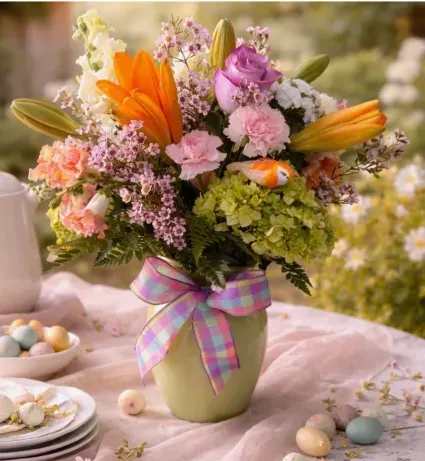 Sunset In The Meadow Floral Arrangement - This cheerful arrangement is bursting with vibrant hues of yellow, oranges, and lavenders, captures the essence of watching an orange sun setting in a meadow with its mini carnations, stock, and more, bringing warmth and joy to any space. Perfect for brightening someone's day, add a splash of color and a touch of happiness to any occasion.
