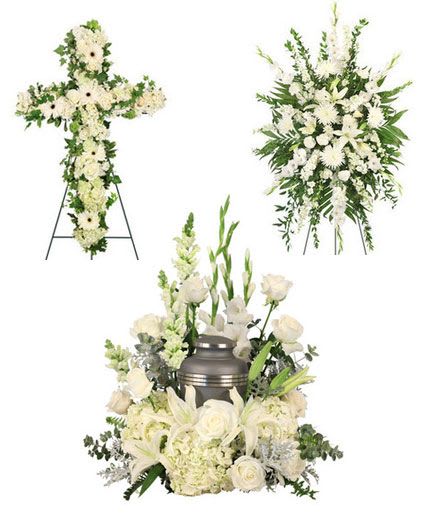 Eternal Memories Sympathy Collection - Remember the life of a loved one with our Eternal Memories Sympathy Collection. The heavenly shades of white create a stunning tribute to the one you loved. With lovely hand-selected florals like hydrangeas, roses, lilies, gladiolus, and more, this elegant collection is ideal for any service.  Includes: Urnmemorial Arrangement: , Foliage: Silver Dollar Eucalyptus, Dusty Miller, Sword Fern, White Hydrangeas, White Gladiolus, White Roses, White Snapdragons, White Lilies , Standing Spray :, Foliage: Ivy, Variegated Pittosporum, Pale Green Hydrangeas, White Gerberas, White Stock, White Roses, Bells Of Ireland, Green Carnations , Standing Spray :, Foliage: Emerald, Myrtle, White Gladiolus, White Larkspur, White Spider Mums, White Carnations, White Stock, White Asiatic Lilies , Urn Not Included.