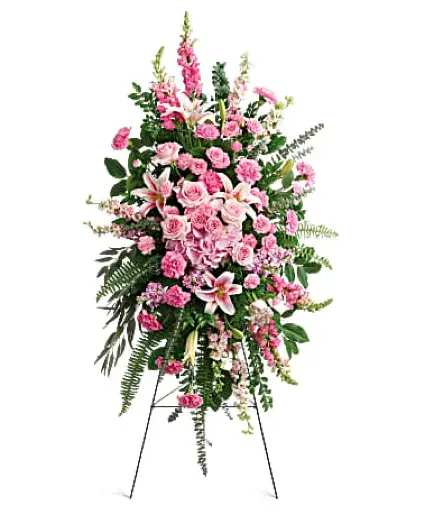 Fond Remembrance - Remember a life well-lived with this magnificent spray of pink hydrangea, roses and lilies--a radiant, reflective celebration of beauty and love. - Delivered on a wire easel.